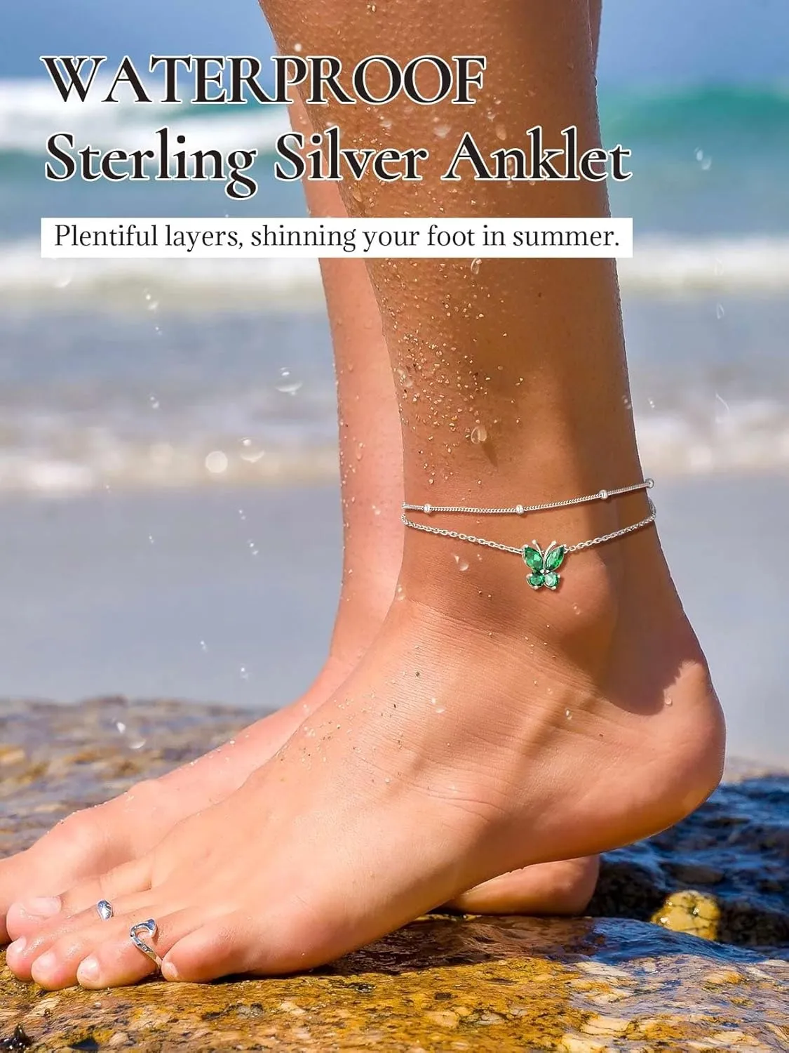 SILVERCUTE Silver Anklets for Women Cute Butterfly Jewelry 925 Sterling Silver Anklets Waterproof Summer Beach Foot Bracelet January to December Birthstone Anklet 22-27cm