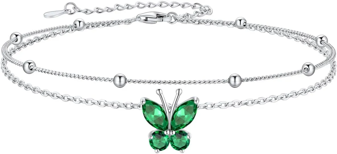 SILVERCUTE Silver Anklets for Women Cute Butterfly Jewelry 925 Sterling Silver Anklets Waterproof Summer Beach Foot Bracelet January to December Birthstone Anklet 22-27cm