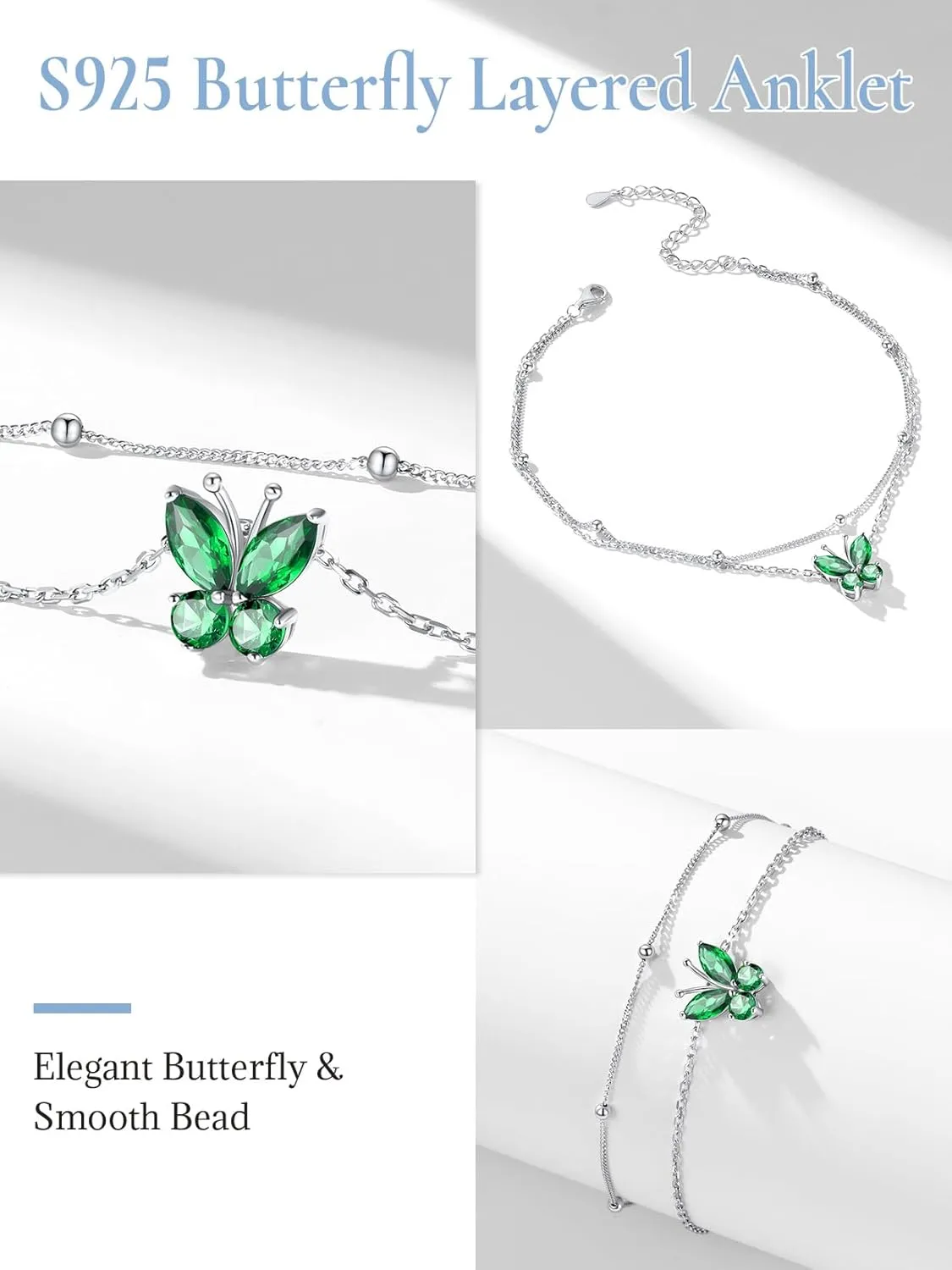 SILVERCUTE Silver Anklets for Women Cute Butterfly Jewelry 925 Sterling Silver Anklets Waterproof Summer Beach Foot Bracelet January to December Birthstone Anklet 22-27cm