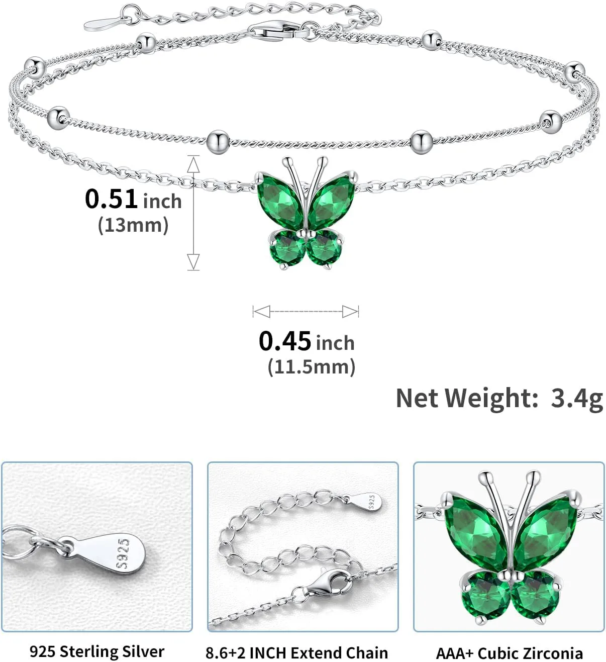 SILVERCUTE Silver Anklets for Women Cute Butterfly Jewelry 925 Sterling Silver Anklets Waterproof Summer Beach Foot Bracelet January to December Birthstone Anklet 22-27cm