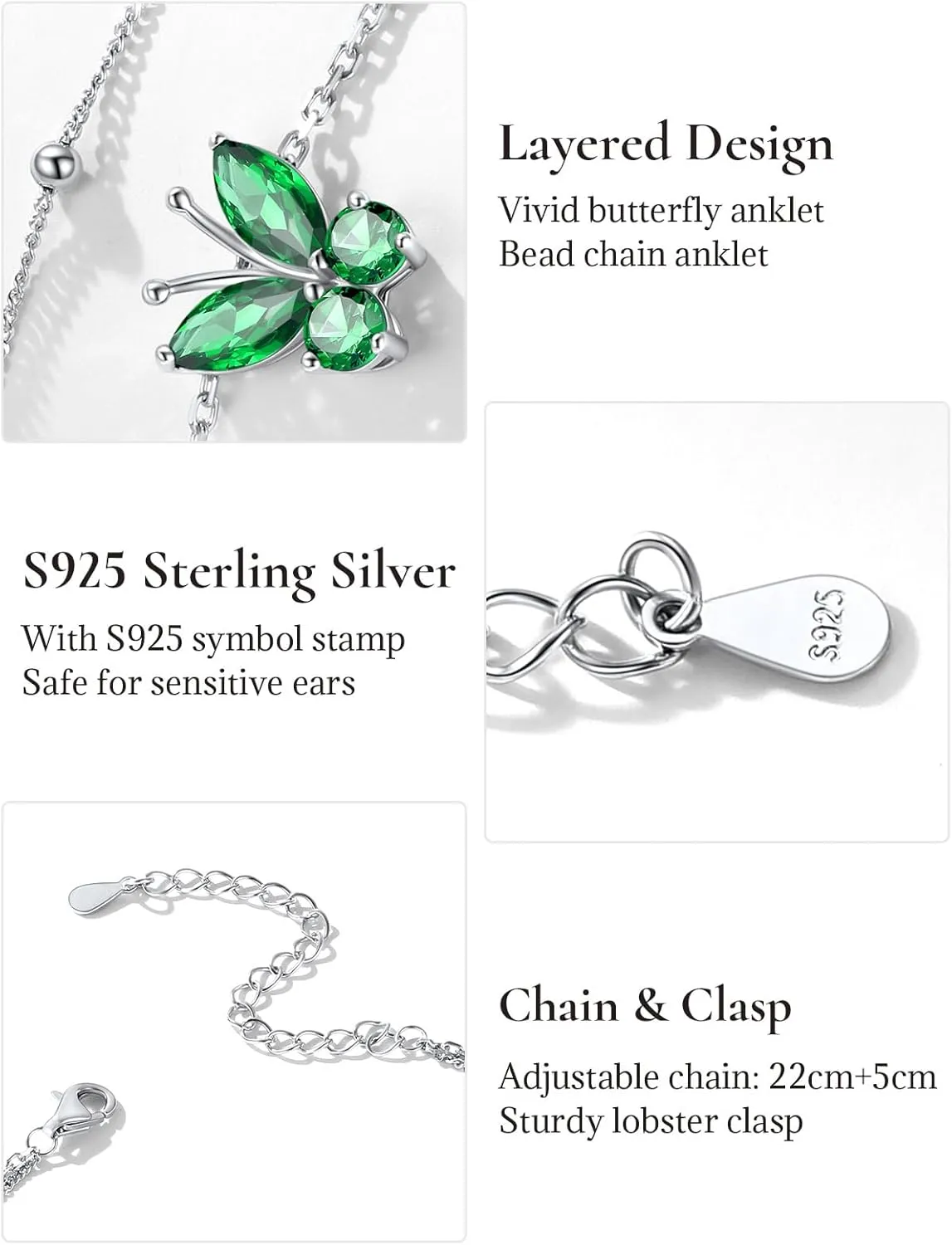 SILVERCUTE Silver Anklets for Women Cute Butterfly Jewelry 925 Sterling Silver Anklets Waterproof Summer Beach Foot Bracelet January to December Birthstone Anklet 22-27cm