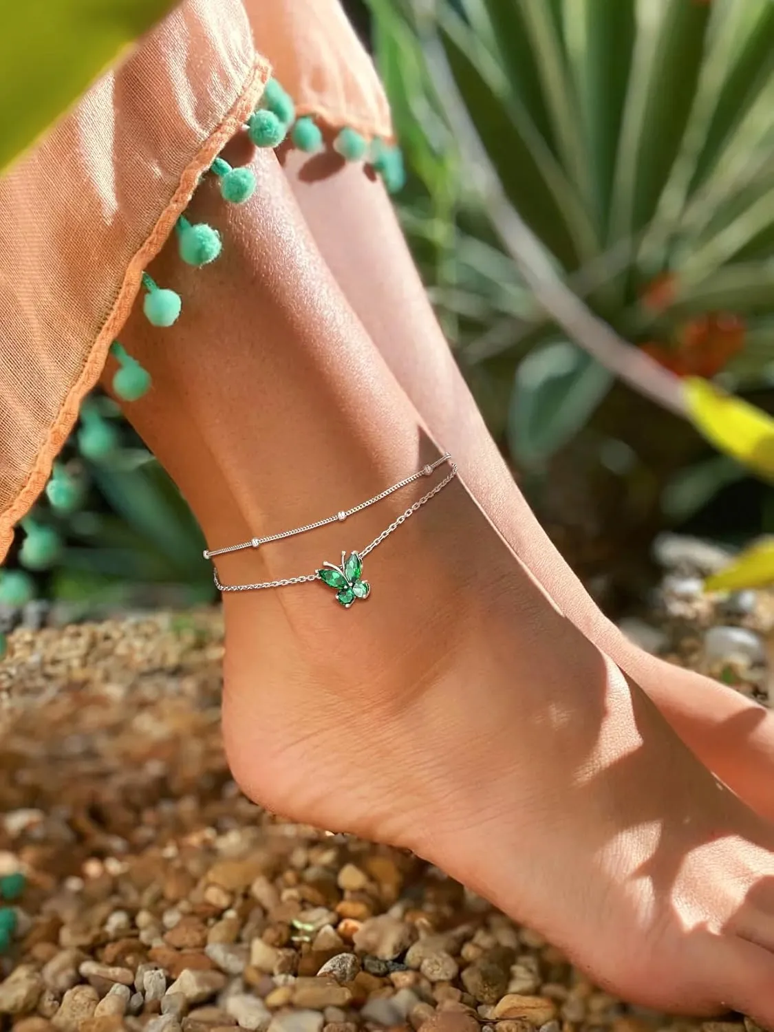 SILVERCUTE Silver Anklets for Women Cute Butterfly Jewelry 925 Sterling Silver Anklets Waterproof Summer Beach Foot Bracelet January to December Birthstone Anklet 22-27cm
