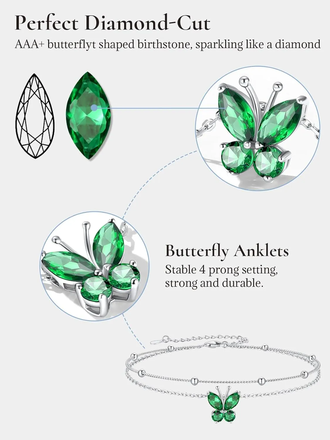 SILVERCUTE Silver Anklets for Women Cute Butterfly Jewelry 925 Sterling Silver Anklets Waterproof Summer Beach Foot Bracelet January to December Birthstone Anklet 22-27cm