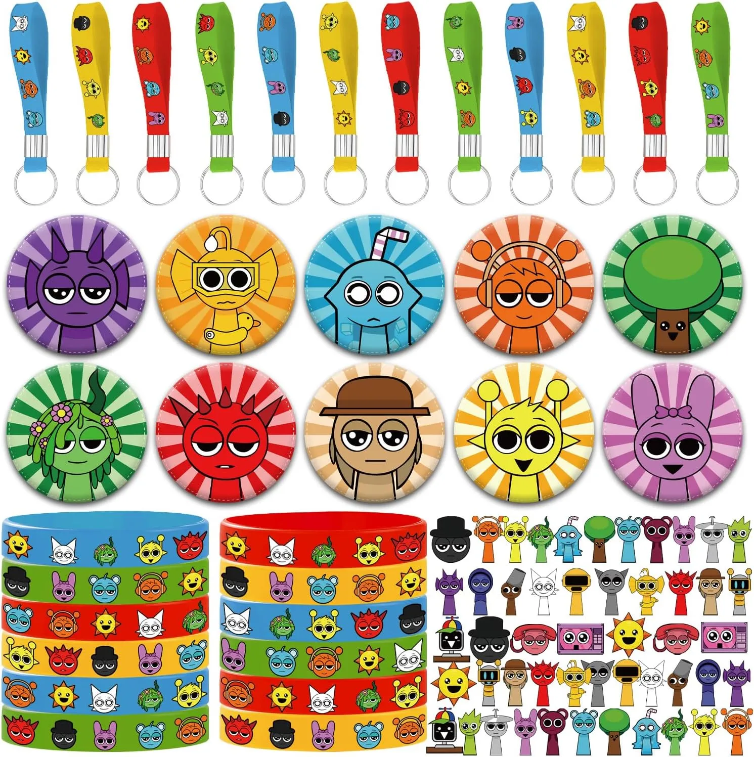 SNABETNA 84pcs Birthday Party Decorations Stickers Set include 12 Rubber Bracelets, 12 Keychain Wristbands,10 Button Pins and 50 Stickers for Birthday Party Supplies