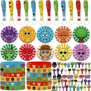 SNABETNA 84pcs Birthday Party Decorations Stickers Set include 12 Rubber Bracelets, 12 Keychain Wristbands,10 Button Pins and 50 Stickers for Birthday Party Supplies