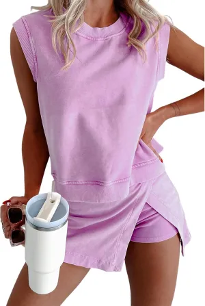 Two piece Skirt Set For Women Sleeveless Outfits 2025 Summer Tank Top and Lined Split Skirt Shorts Skort Lounge Sets