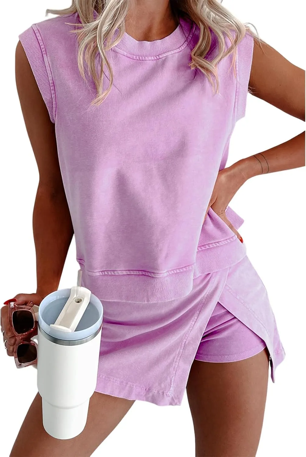 Two piece Skirt Set For Women Sleeveless Outfits 2025 Summer Tank Top and Lined Split Skirt Shorts Skort Lounge Sets