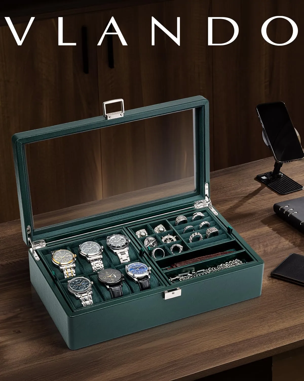 Vlando 6-Slot Watch Box Organize, Lockable Watch Case with Textured Leather, 2 Layer Watch Holder for Rings, Bracelets, Glasses, Glass Lid, Removable Divider, Gift for Fathers, Husband, Friend, Green