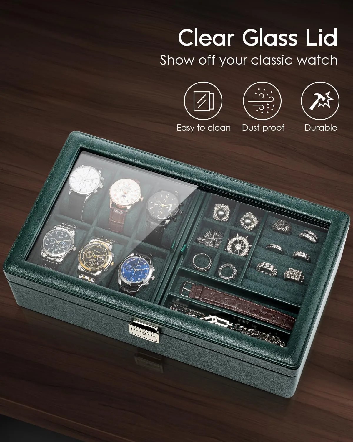 Vlando 6-Slot Watch Box Organize, Lockable Watch Case with Textured Leather, 2 Layer Watch Holder for Rings, Bracelets, Glasses, Glass Lid, Removable Divider, Gift for Fathers, Husband, Friend, Green