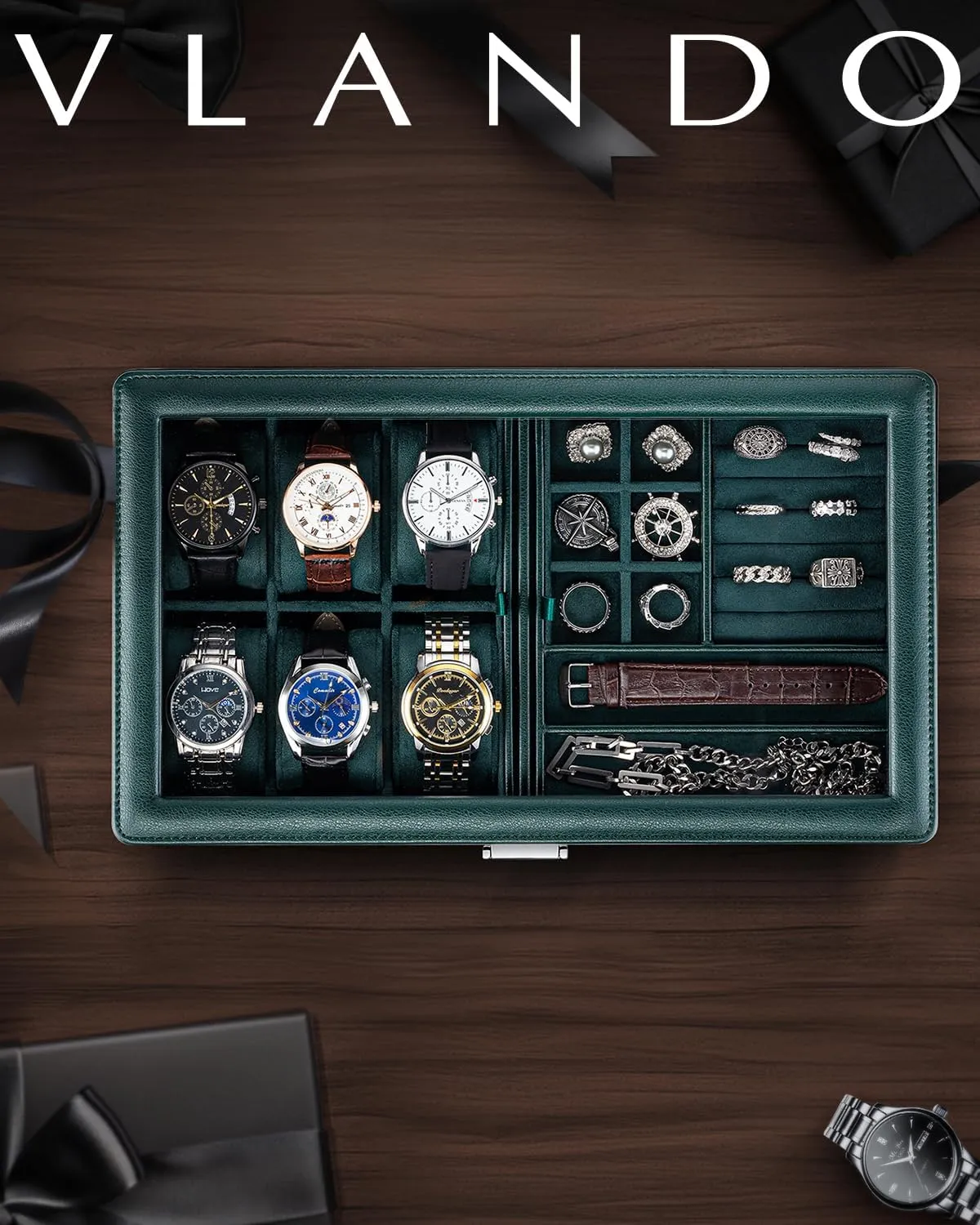 Vlando 6-Slot Watch Box Organize, Lockable Watch Case with Textured Leather, 2 Layer Watch Holder for Rings, Bracelets, Glasses, Glass Lid, Removable Divider, Gift for Fathers, Husband, Friend, Green