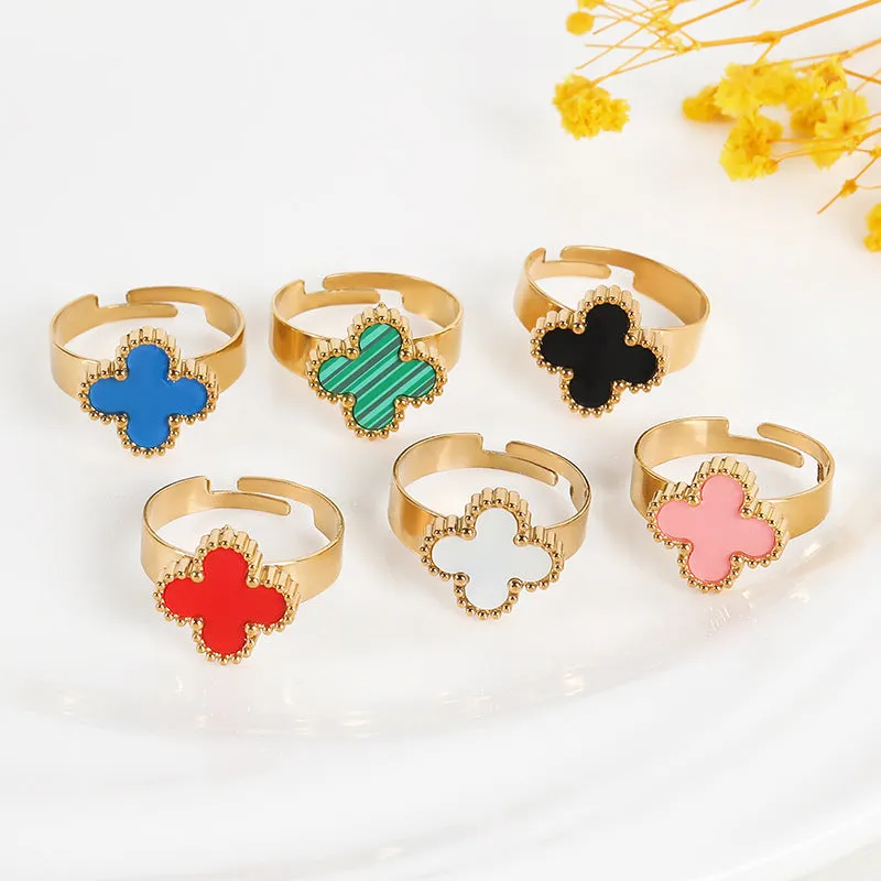 Wholesale Adjustable Size Waterproof and Sweat Resistant Titanium Steel Clover Ring