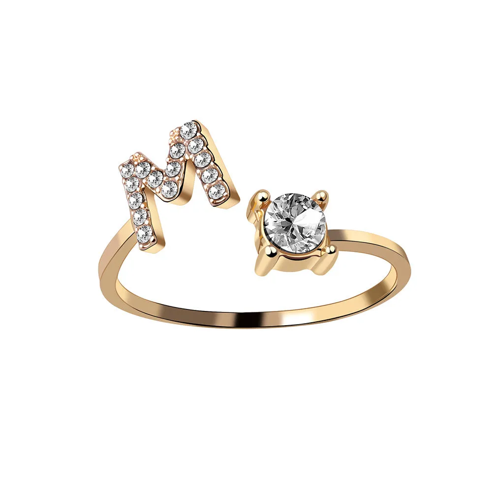wholesale Alloy 26 Letter Diamond Open Adjustable Ring