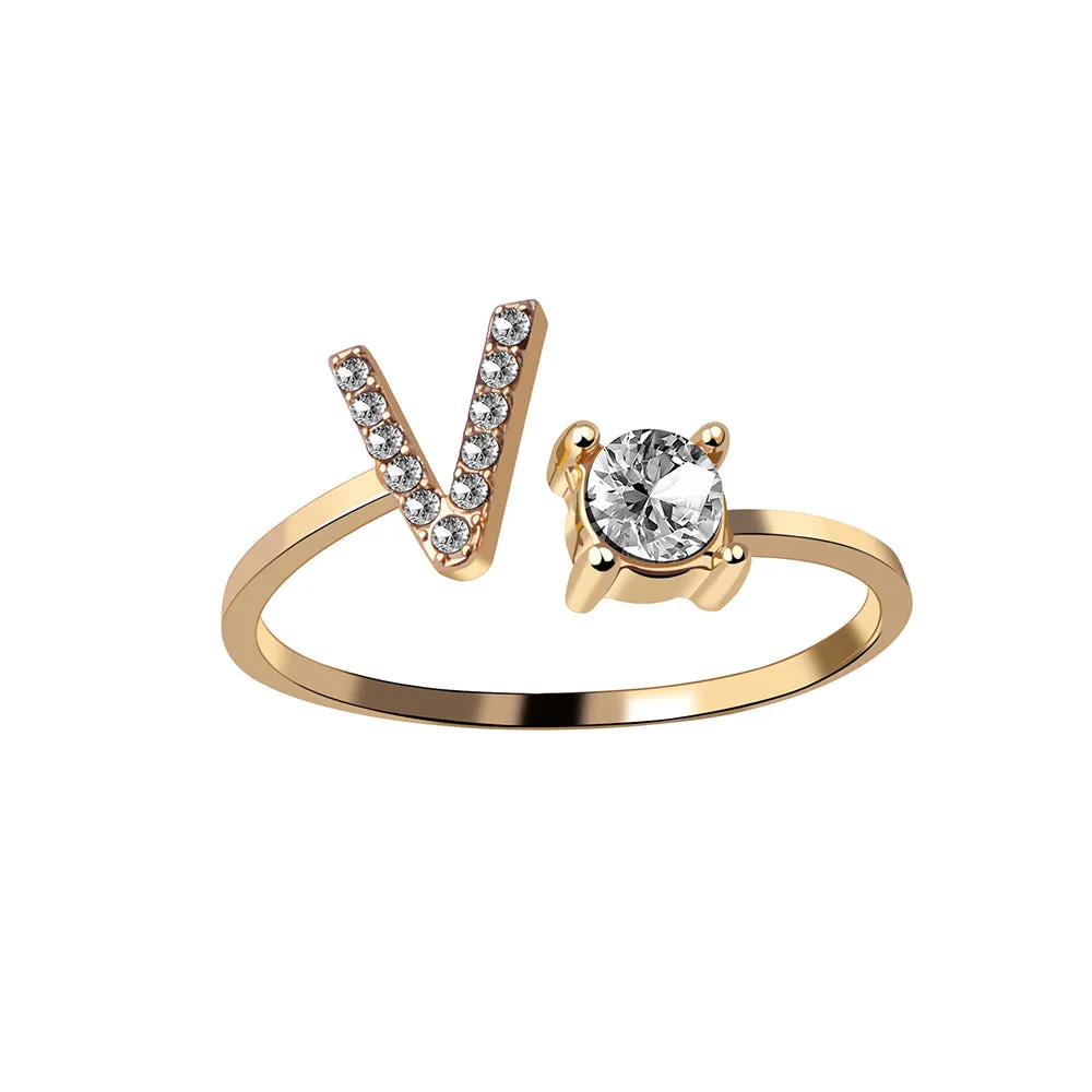 wholesale Alloy 26 Letter Diamond Open Adjustable Ring