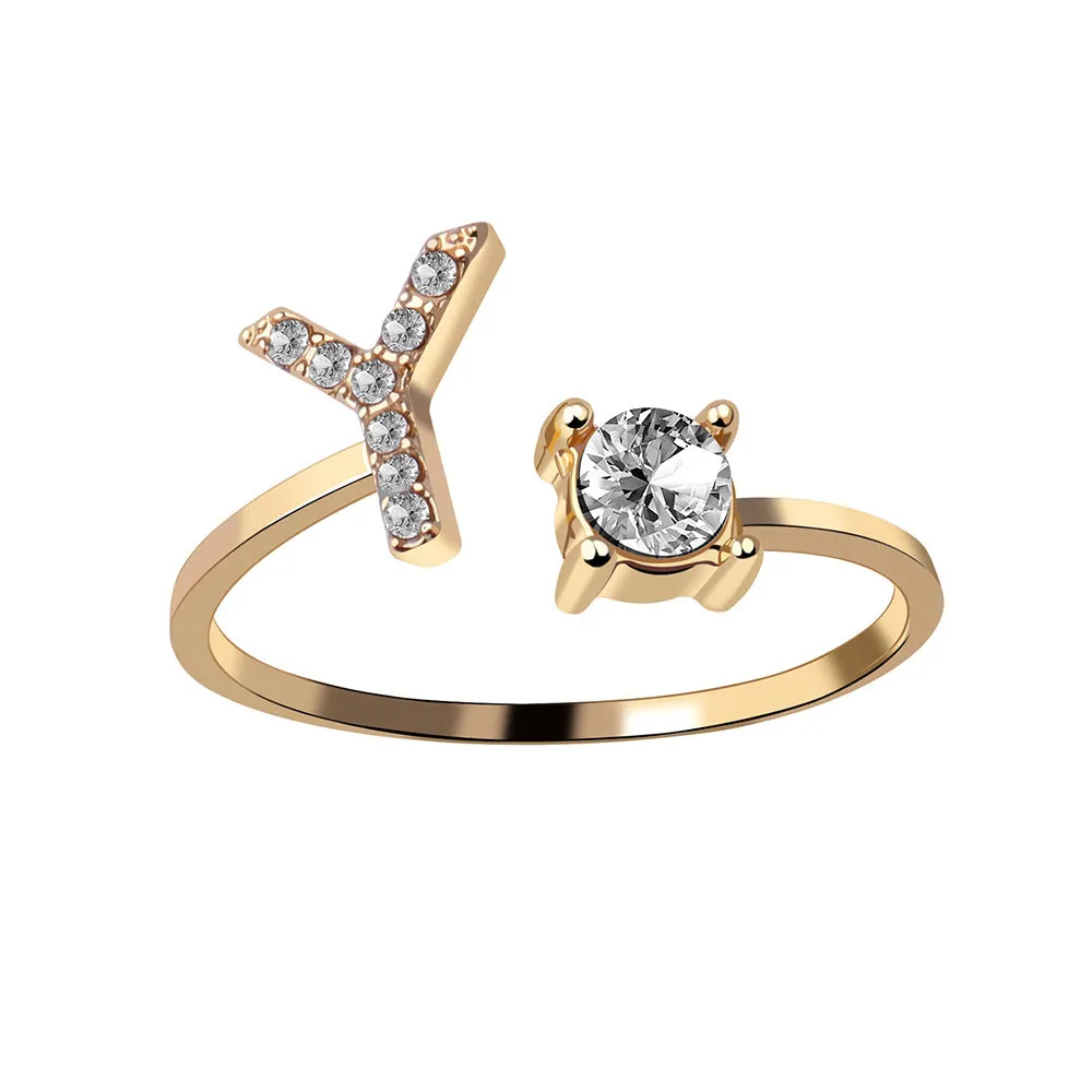 wholesale Alloy 26 Letter Diamond Open Adjustable Ring