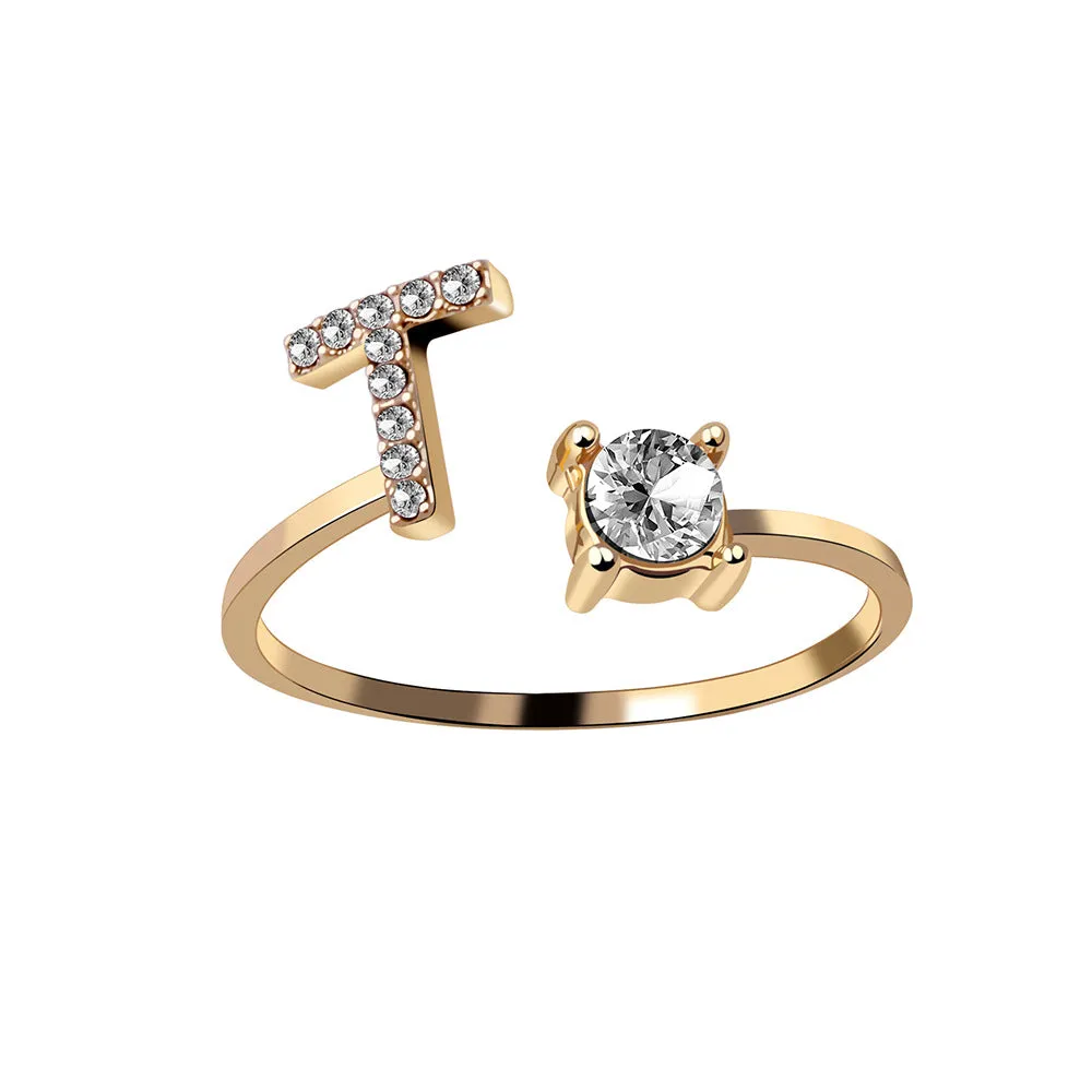 wholesale Alloy 26 Letter Diamond Open Adjustable Ring