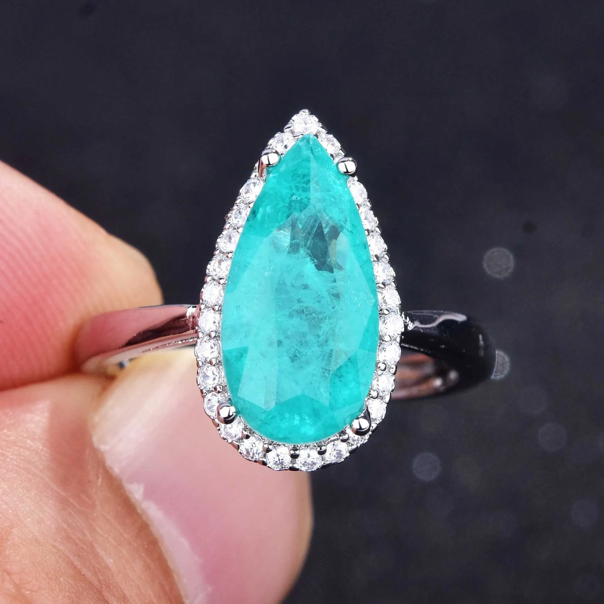 Wholesale Copper Micro Paved High Carbon Diamond Pear Shape Open Ring