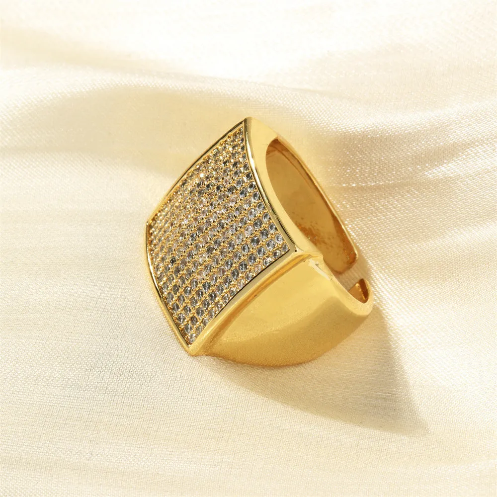 Wholesale Copper Plated 18K Gold Full Diamond Square Open Ring JDC-RS-TianYi003