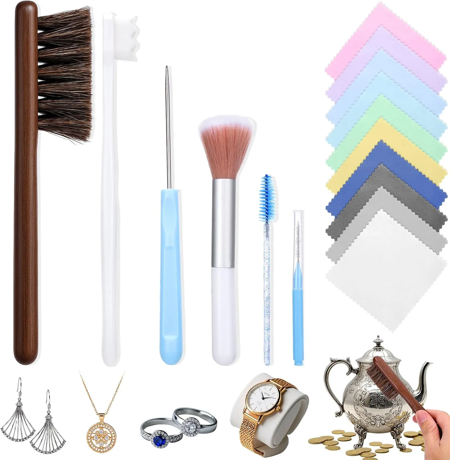 XANGNIER Jewelry Cleaning Kit,16 Pcs Jewelry Cleaner Brush Tool Set-Cleaning Polishing Cloth,Big&Small Hole Brush,Needles and Crevice Brush for All Jewelry,Ring,Gold,Diamond,Earring,Sterling Silver