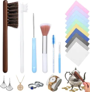 XANGNIER Jewelry Cleaning Kit,16 Pcs Jewelry Cleaner Brush Tool Set-Cleaning Polishing Cloth,Big&Small Hole Brush,Needles and Crevice Brush for All Jewelry,Ring,Gold,Diamond,Earring,Sterling Silver