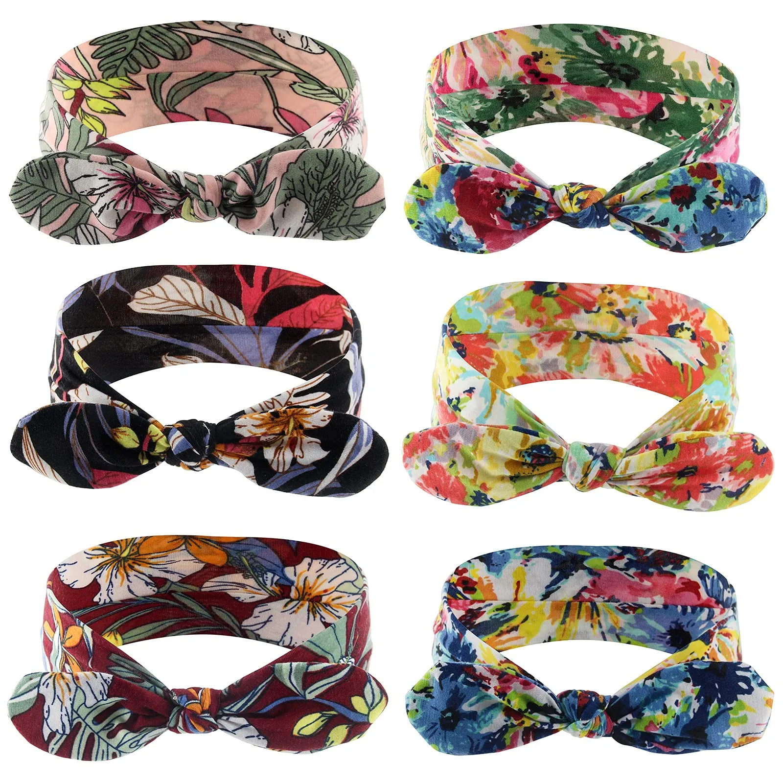 Yeshan Bow Headbands for Women Boho Wide Bandana Headbands Flower Printed Rabbit Ears Hair Bands Fashion and Sport Hair Accessories for Women and Girls,Pack of 6