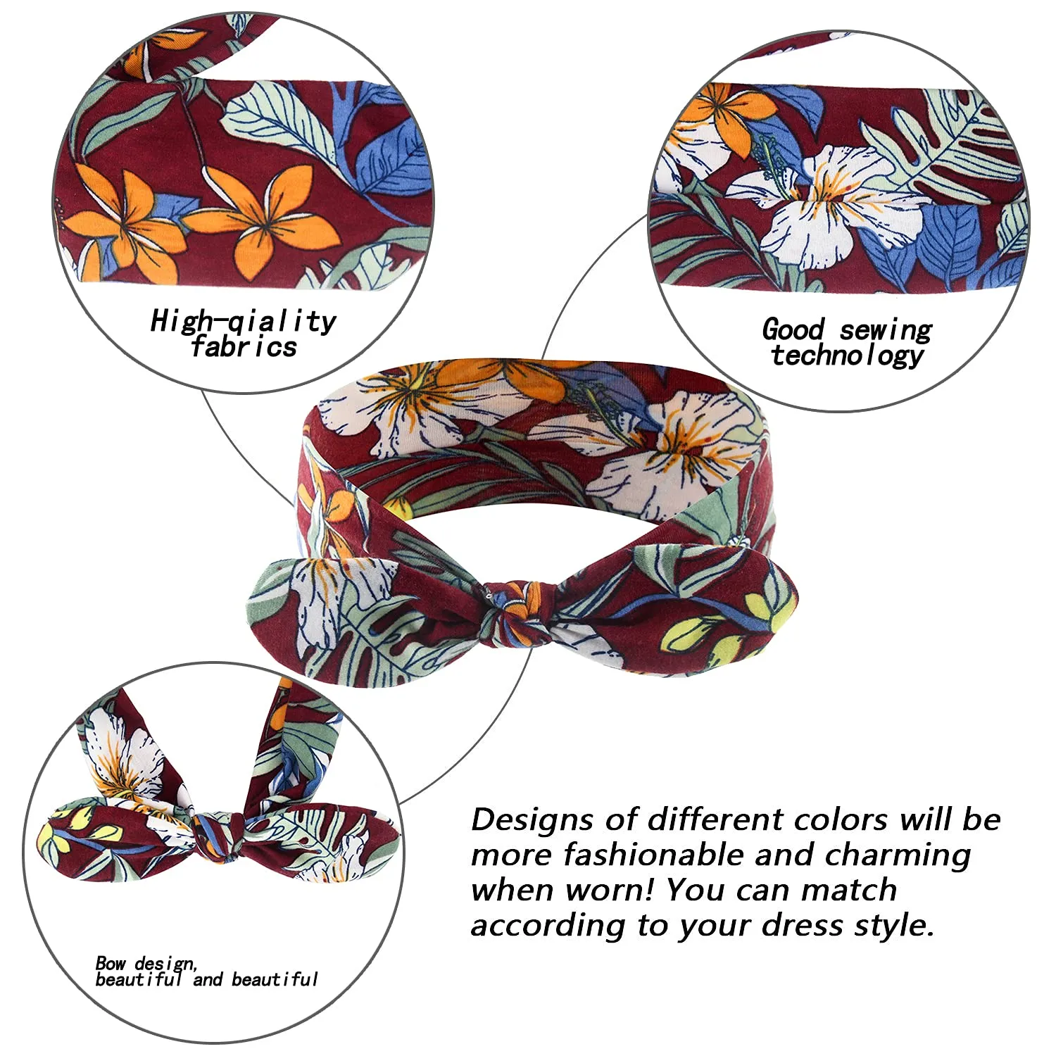 Yeshan Bow Headbands for Women Boho Wide Bandana Headbands Flower Printed Rabbit Ears Hair Bands Fashion and Sport Hair Accessories for Women and Girls,Pack of 6