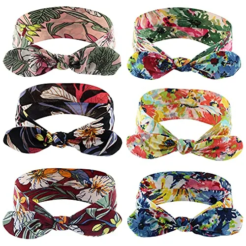 Yeshan Bow Headbands for Women Boho Wide Bandana Headbands Flower Printed Rabbit Ears Hair Bands Fashion and Sport Hair Accessories for Women and Girls,Pack of 6