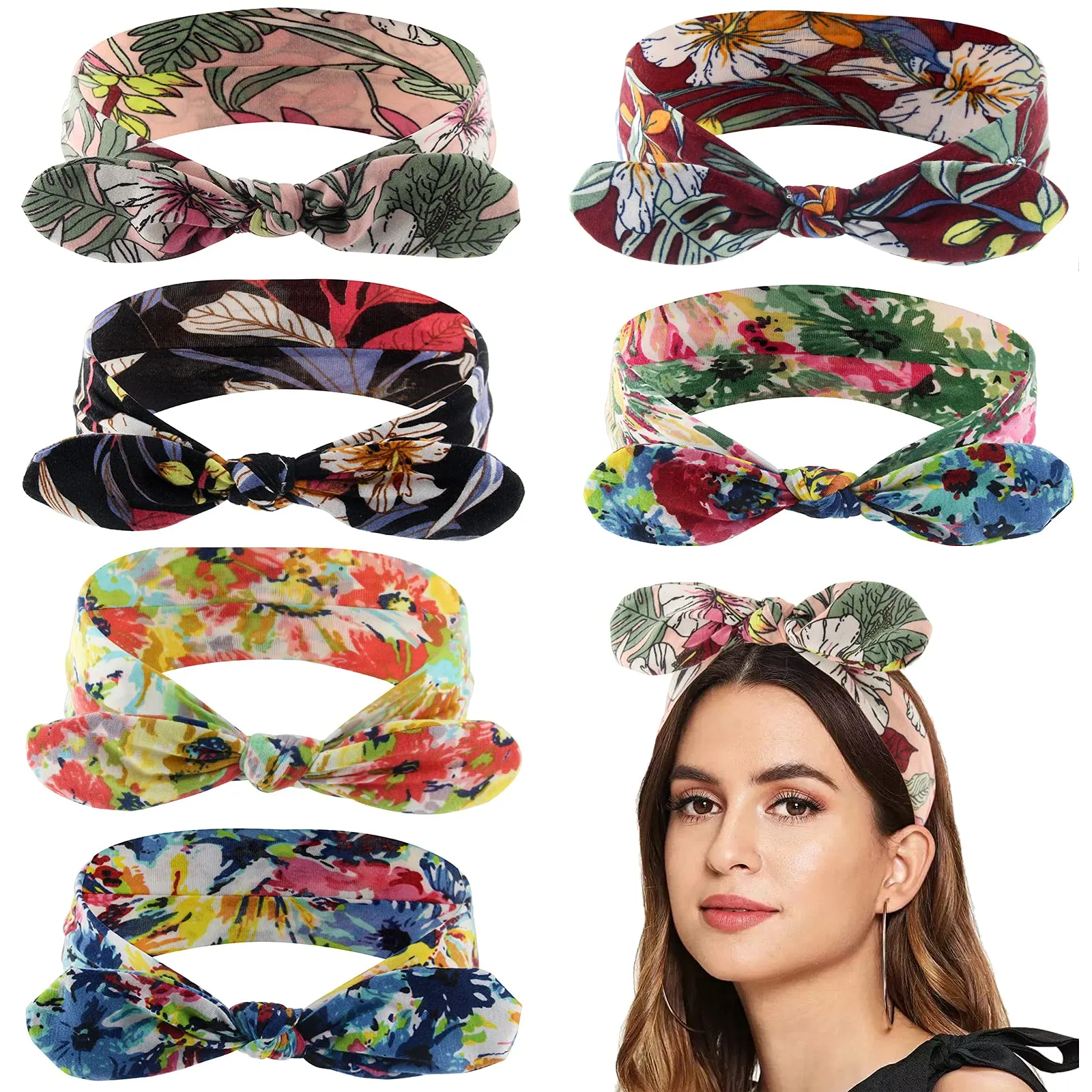 Yeshan Bow Headbands for Women Boho Wide Bandana Headbands Flower Printed Rabbit Ears Hair Bands Fashion and Sport Hair Accessories for Women and Girls,Pack of 6